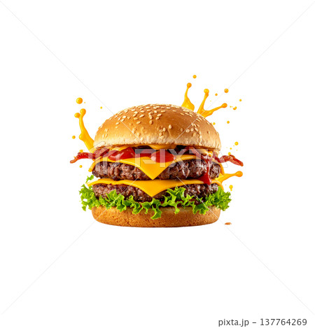 A delicious cheeseburger with juicy beef, fresh lettuce, and tomato on a sesame bun, placed against a white background. A delicious cheeseburger with juicy beef, fresh lettuce, and tomato on a sesame bun, placed against a white background. 137764269