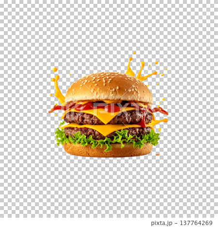 A delicious cheeseburger with juicy beef, fresh lettuce, and tomato on a sesame bun, placed against a white background. A delicious cheeseburger with juicy beef, fresh lettuce, and tomato on a sesame bun, placed against a white background. 137764269