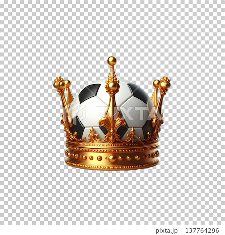 A three-dimensional, piece-by-piece illustration of a golden football adorned with a crown. 137764296
