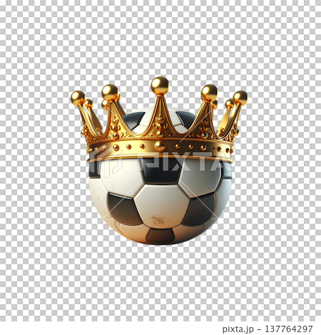 A three-dimensional, piece-by-piece illustration of a golden football adorned with a crown. 137764297