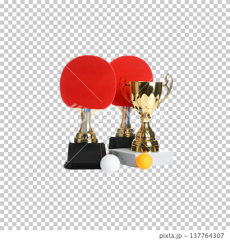 A sparkling 3D gold trophy is isolated against a white background. 137764307