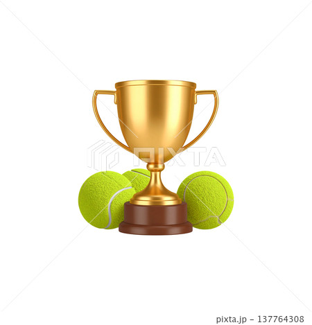 A sparkling 3D gold trophy is isolated against a white background. 137764308