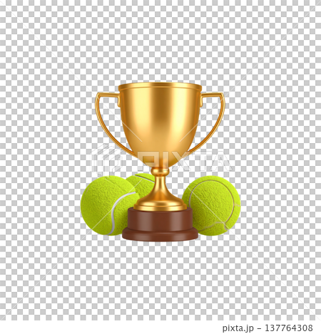 A sparkling 3D gold trophy is isolated against a white background. 137764308
