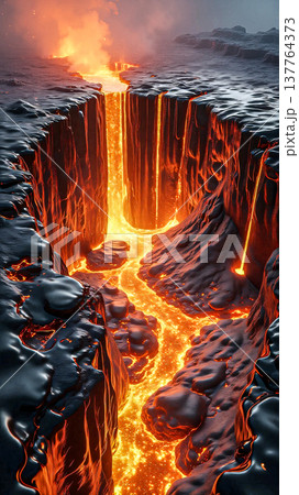 Molten river flowing through a volcanic canyon. A vivid display of a molten lava river flowing through a narrow volcanic canyon, characterized by vibrant orange and red hues. 137764373