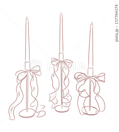 Hand drawn vintage elegant candles with outline bows in red color.  137764374