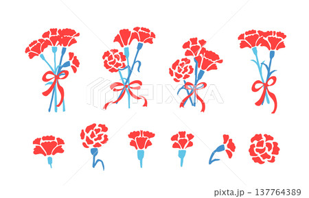 母の日のカーネーションイラスト。赤いカーネーションのフレームセット。 137764389