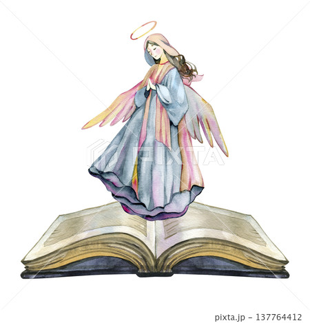 Elegant hand drawn watercolor illustration of a praying angel with wings and a halo floating above an open holy bible. This spiritual composition is perfect for religious cards, baptism invitations 137764412