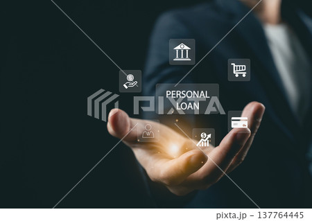 Hand Reaching Out Holding Icons Representing Personal Loan Concept with Financial Symbols and Bank Graphics in Dark Background for Financial Services Hand Reaching Out Holding Icons Representing Personal Loan Concept with Financial Symbols and Bank Graphics in Dark Background for Financial Services 137764445