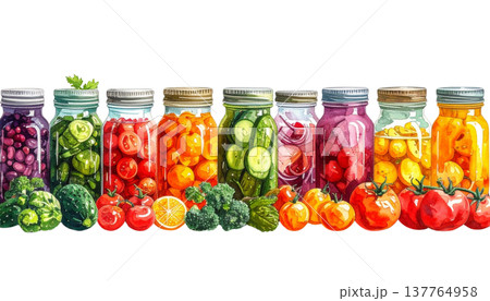 Glass jars containing pickled vegetables on a white background. 137764958
