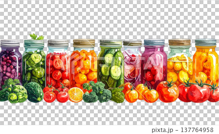 Glass jars containing pickled vegetables on a white background. 137764958