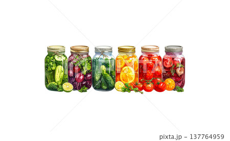 Glass jars containing pickled vegetables on a white background. Glass jars containing pickled vegetables on a white background. 137764959