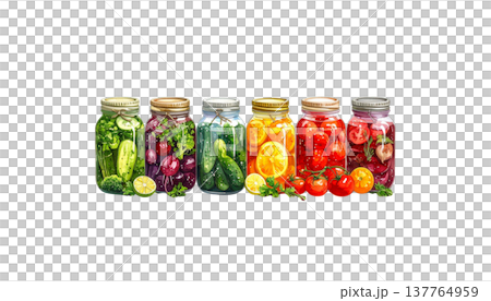 Glass jars containing pickled vegetables on a white background. Glass jars containing pickled vegetables on a white background. 137764959