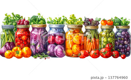 Glass jars containing pickled vegetables on a white background. Glass jars containing pickled vegetables on a white background. 137764960