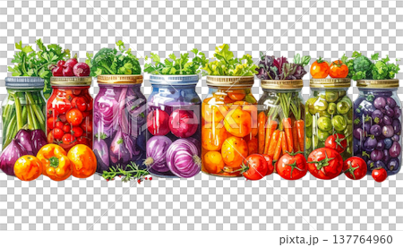 Glass jars containing pickled vegetables on a white background. 137764960
