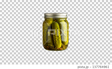 Glass jars containing green pickled cucumbers and fermented green pickled cucumbers are placed separately on a white background. Glass jars containing green pickled cucumbers and fermented green pickled cucumbers are placed separately on a white background. 137764961