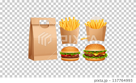 A set of fast food icons consisting of a hamburger, french fries, and coffee in a box on a white background. A set of fast food icons consisting of a hamburger, french fries, and coffee in a box on a white background. 137764993