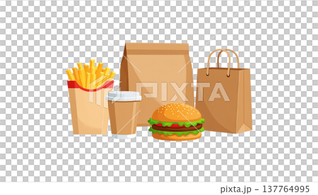 A set of fast food icons consisting of a hamburger, french fries, and coffee in a box on a white background. 137764995