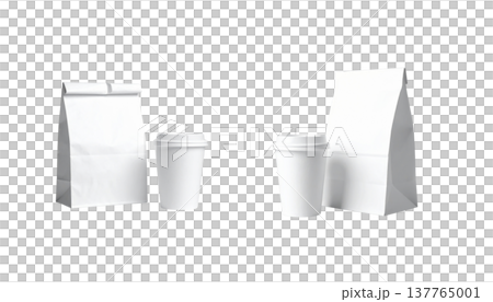 An empty white paper bag with handles lies on a white background. 137765001