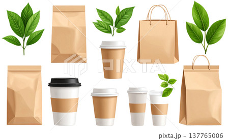 A set of brown cardboard coffee cups and green leaves on a white background. 137765006