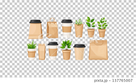 A set of brown cardboard coffee cups and green leaves on a white background. A set of brown cardboard coffee cups and green leaves on a white background. 137765007