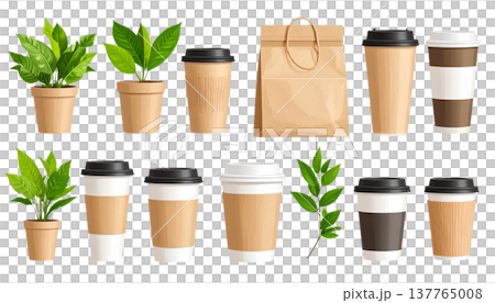 A set of brown cardboard coffee cups and green leaves on a white background. A set of brown cardboard coffee cups and green leaves on a white background. 137765008