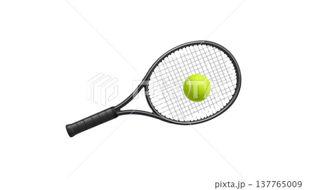 The isolated illustration shows a yellow tennis racket and a tennis ball on a white background. 137765009