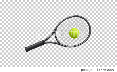 The isolated illustration shows a yellow tennis racket and a tennis ball on a white background. 137765009