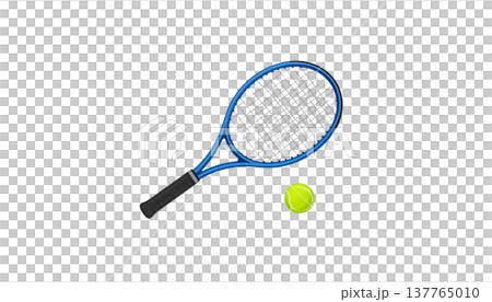 The isolated illustration shows a yellow tennis racket and a tennis ball on a white background. The isolated illustration shows a yellow tennis racket and a tennis ball on a white background. 137765010
