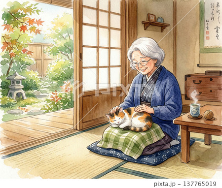 猫と寛ぐシニア女性 137765019