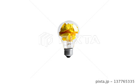 An illustration of a single, brightly glowing glass light bulb on a white background. An illustration of a single, brightly glowing glass light bulb on a white background. 137765335