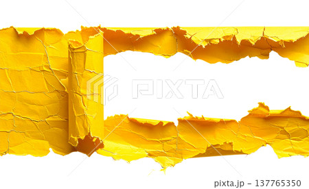 A grunge-style illustration featuring a blank, torn paper frame on a white background. 137765350