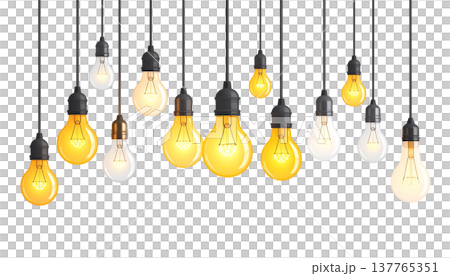 Fluorescent glass light bulbs hang against a white background. 137765351