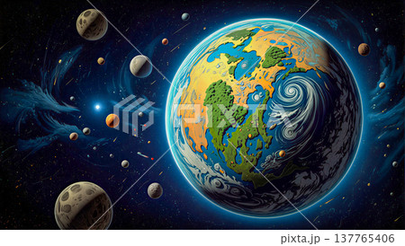 Colorful artistic depiction of planet Earth amidst the vastness of space and other planets. Colorful artistic depiction of planet Earth amidst the vastness of space and other planets. 137765406