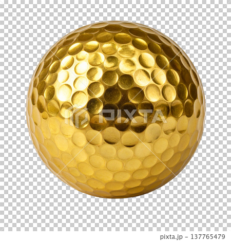 A macro shot showing the details of a large, round, golden golf ball against a white background. 137765479