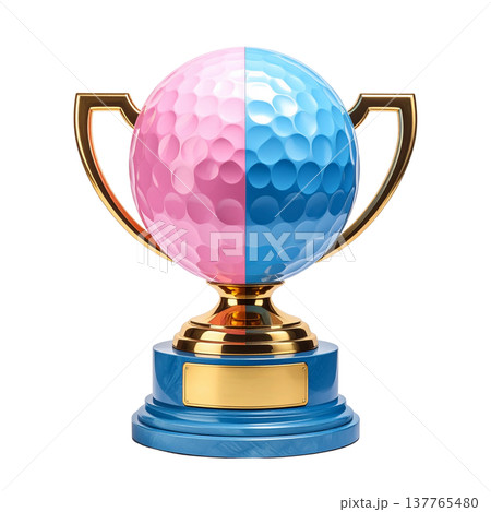 A three-dimensional gold trophy and golf balls on a white background. A three-dimensional gold trophy and golf balls on a white background. 137765480