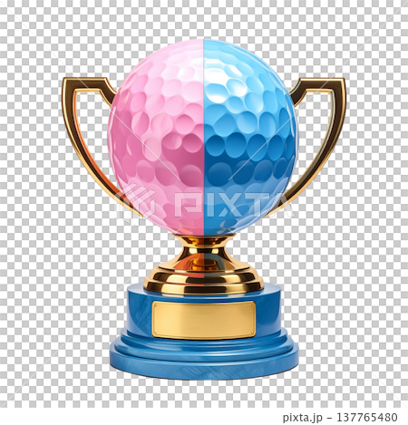 A three-dimensional gold trophy and golf balls on a white background. 137765480