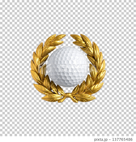 A golden laurel wreath adorning golf balls on a white background. A golden laurel wreath adorning golf balls on a white background. 137765486