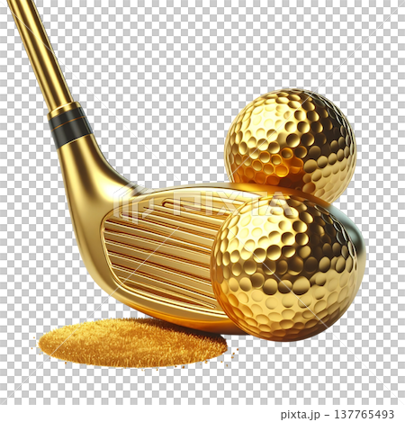 Gold golf balls and gold golf clubs on a white background. 137765493