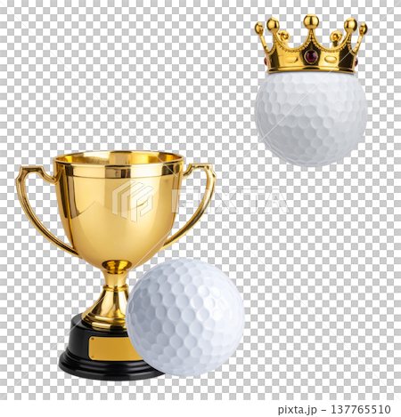 A three-dimensional gold trophy and golf balls on a white background. 137765510