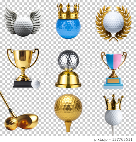 A three-dimensional gold trophy and golf balls on a white background. 137765511