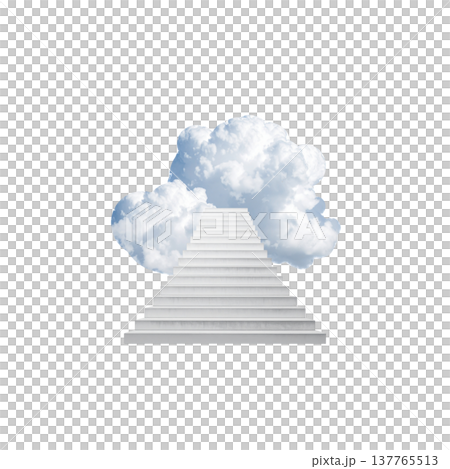 A three-dimensional illustration of a staircase leading up to the sky against a white background. A three-dimensional illustration of a staircase leading up to the sky against a white background. 137765513