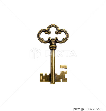 A gold metal house key on a white background. A gold metal house key on a white background. 137765538