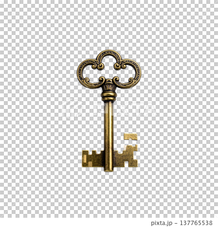 A gold metal house key on a white background. A gold metal house key on a white background. 137765538