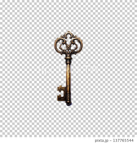 A gold metal house key on a white background. A gold metal house key on a white background. 137765544