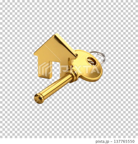 A gold metal house key on a white background. A gold metal house key on a white background. 137765550