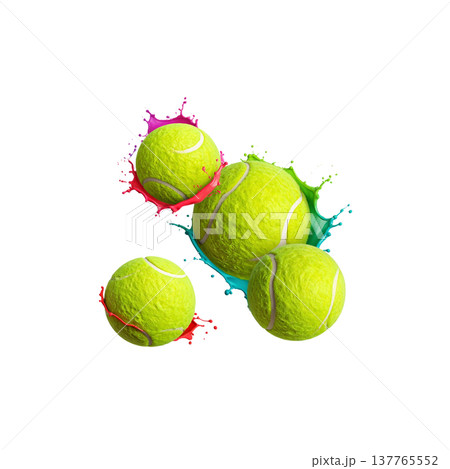 A series of images featuring brightly colored tennis balls and various sports equipment are placed against a white background. A series of images featuring brightly colored tennis balls and various sports equipment are placed against a white background. 137765552