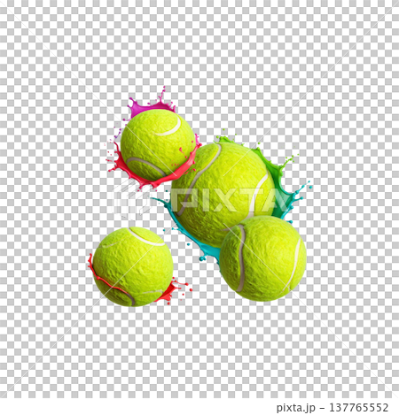A series of images featuring brightly colored tennis balls and various sports equipment are placed against a white background. A series of images featuring brightly colored tennis balls and various sports equipment are placed against a white background. 137765552