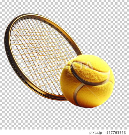 An isolated illustration of a tennis racket and a tennis ball on a white background 137765558