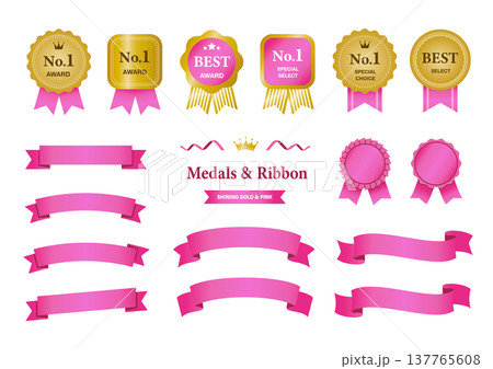 金とピンクのアワードメダルとリボンの装飾セット（No.1・ベスト・ランキング） 137765608