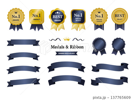 金と黒の高級アワードメダルとリボンバッジのセット（No.1・BEST・ランキング素材） 137765609